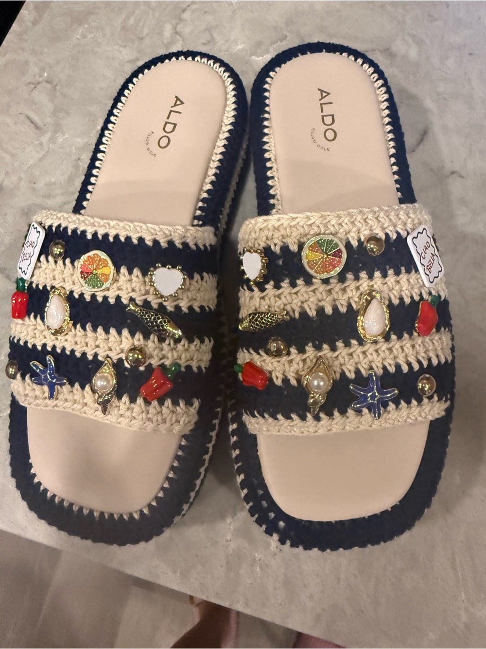 ALDO Navy & Cream Crochet Slide Sandals with Multicolor Charms